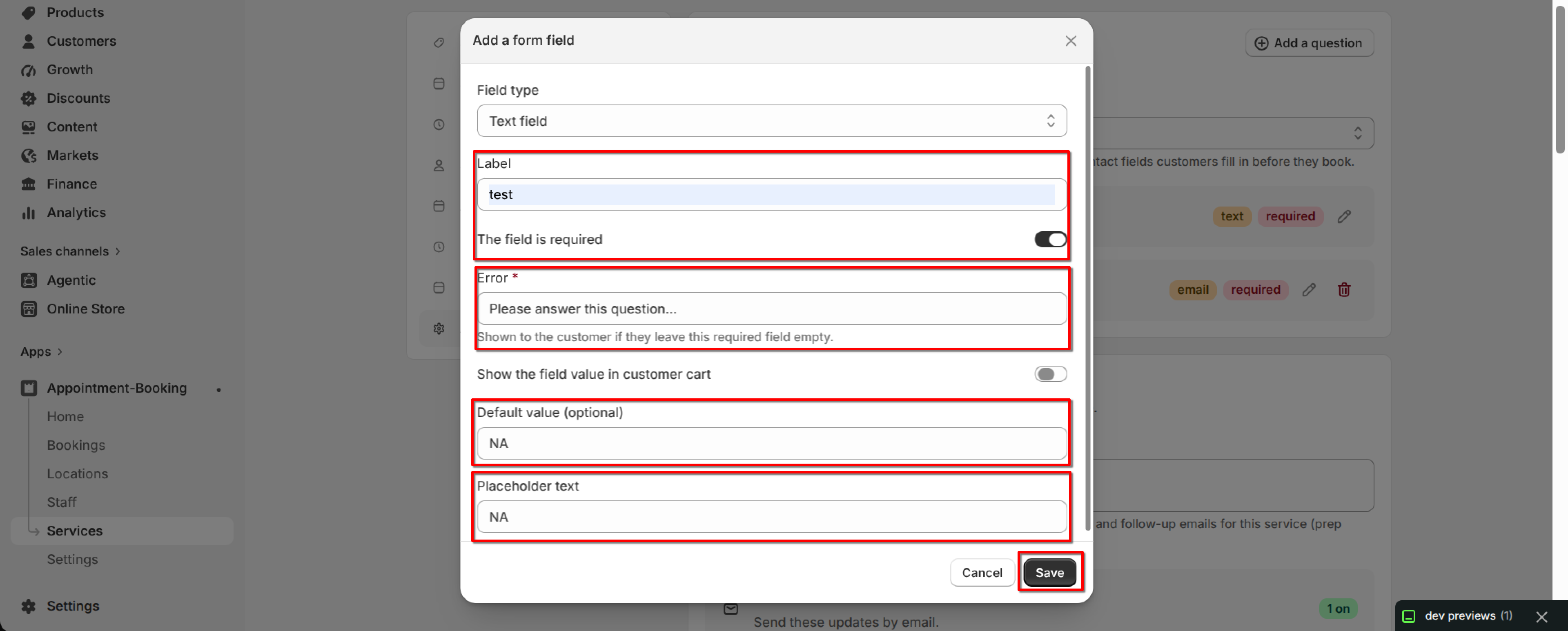 Add a form field dialog with Label, Error, Default value, and Placeholder text fields filled in and the Save button highlighted